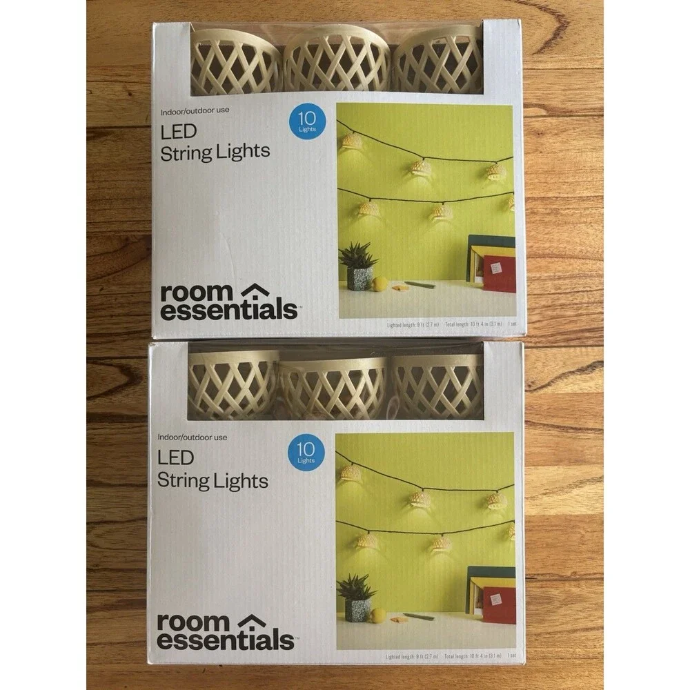LED String Lights 2 Sets Of 10 Tan Basket Weave Plastic New. Room Essentials